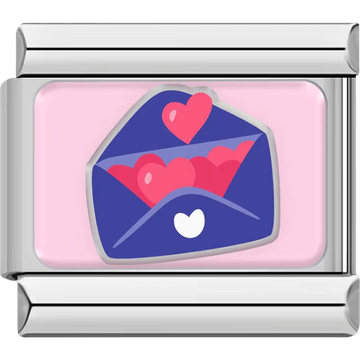A silver Italian charm featuring a blue envelope full of floating hearts.